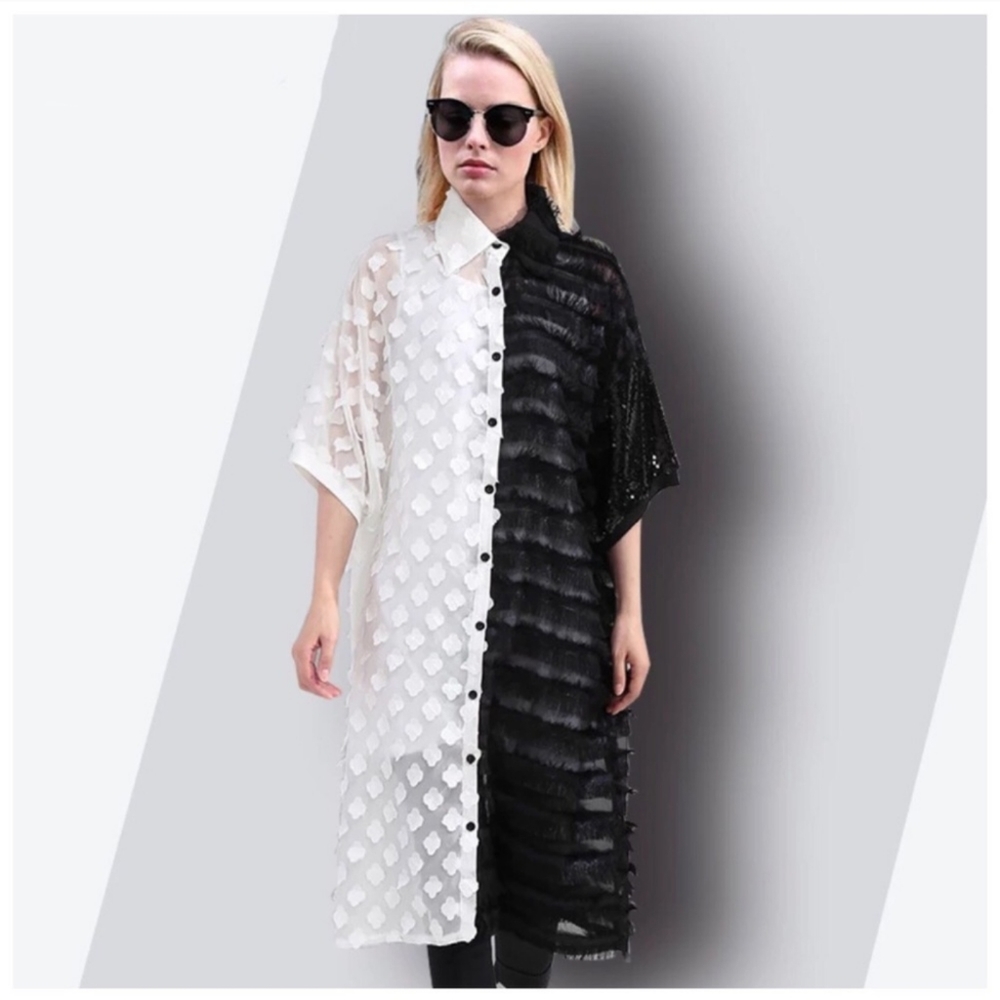Black+white shirt dress